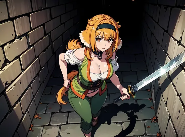 masterpiece, best quality, roxanne, dog ears, black hairband, [[[green hairband]]], collar, off-shoulder shirt, cleavage, green vest, green pants, large breasts, holding sword, ((sword)), walking, looking back, (((dog tail above butt))), [[[focused]]], [[g...