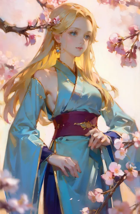 fantasy, portrait, Asia, European appearance, beautiful girl, delicate face, long pale blonde hair, blue eyes, in a beautiful hanfu, emphasizing the figure in light colors, expressive breasts, cherry blossoms in the background, hd