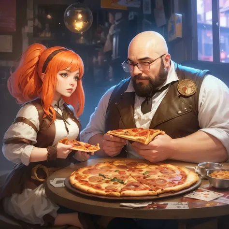 there is a man and a woman sitting at a table eating pizza, artwork in the style of Gouvez, sharing pizza, The Pizza Universe, Sakimichan and Frank Franzzeta, chew pizza, Fantasy tavern background, eating pizza, Gouvez, the art of role play, Gouvez on arts...