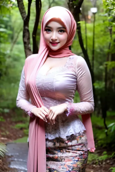 create a photorealistic masterpiece of a beautiful woman with hijab wearing traditional indonesian kebaya attire, solo, cleavage...