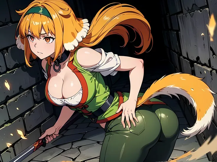 masterpiece, best quality, roxanne, dog ears, black hairband, [[[green hairband]]], collar, off-shoulder shirt, cleavage, green vest, green pants, large breasts, holding sword, ((sword)), charging forward, looking back, (((dog tail above butt))), [[[focuse...