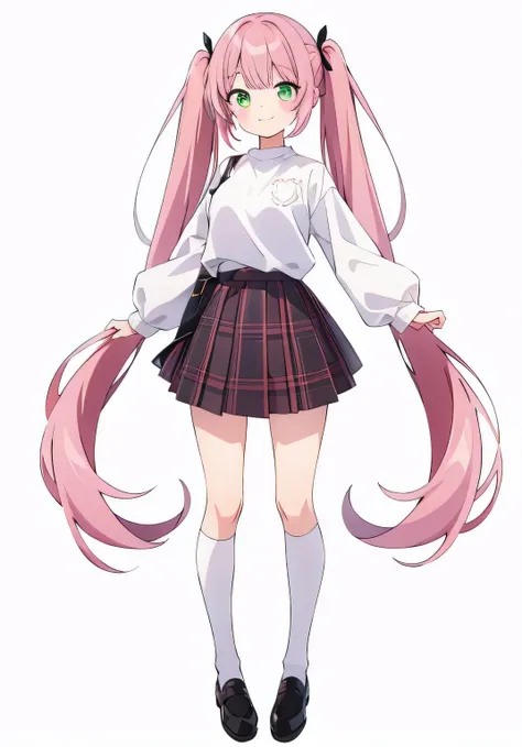 best quality, ultra-detailed, 
1girl, solo, long hair, pink twintail hair, green eyes, bangs, white shirt, long sleeves, plaid skirt, ((white background)), ((full body complete)), ((center position)), smiling face, chibi art, cinematic HD, anime art