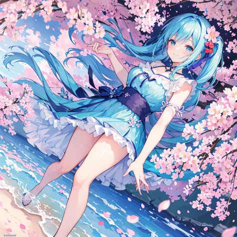 highres, extremely details, best quality, 32k, 8K wallpaper,4K digital animation art.1girl, A girl who loves spring. (blue color theme:1.3), Full body illustration, detailed eyes, (she running along with large gesture and a riverbed lined with cherry bloss...