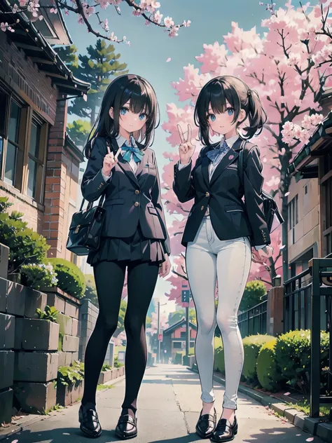 Two high school girls wearing blazer uniforms、A 28-year-old female teacher wearing a white peplum casual outfit and black skinny jeans, typical of an adult woman.、A peace sign in front of a cherry blossom tree and a brick school building reminiscent of Tok...