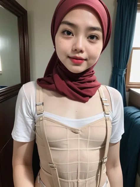 (WEARING SUSPENDER), ((Open mouth)), Naked singlet (((HIJAB MALAY GIRL))), masutepiece, High quality, UHD 32K, Realistic face, Realistic skin feeling , A Japanese Lady, 8 years old, , Very cute and baby-like face, (((FLAT CHEST))), (MATRIX WORLD), ((look I...