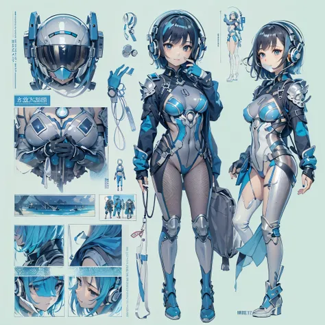 (masterpiece、highest quality、highest resolution、clear_image、detailed details、Angle from above): (full body figure、One 20 year old girl、Japanese faces、small face、Slender、Navy blue super short bob cut hair、(hidden small breasts:1.3)、sparkling blue eyes、Shiny...