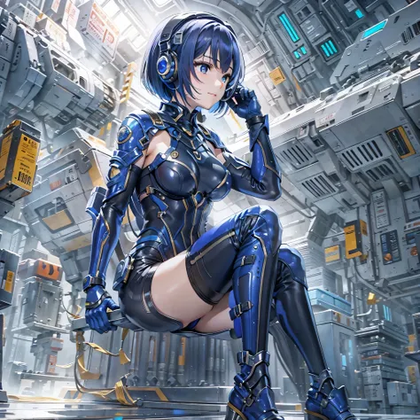 (masterpiece、highest quality、highest resolution、clear_image、detailed details、Angle from above): (full body figure、One 20 year old girl、Japanese faces、small face、Slender、Navy blue super short bob cut hair、(hidden small breasts:1.3)、sparkling blue eyes、Shiny...