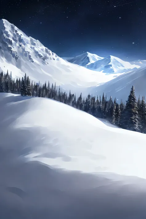 Mountain with ample snow and under the night sky - A serene and picturesque scene of a snow-capped mountain under the starry night. The peak glistens with a thick, white covering of snow that reflects the moonlight, casting a soft, ethereal glow over the l...