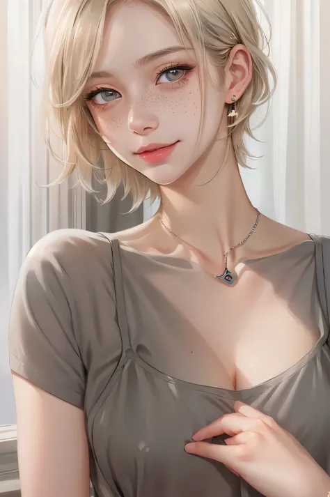 highest quality, masterpiece, 1 girl, alone, realistic, freckles, short hair, mole, closed mouth, blonde hair, gray eyes, lips, shirt, necklace, jewelry, black shirt, smile