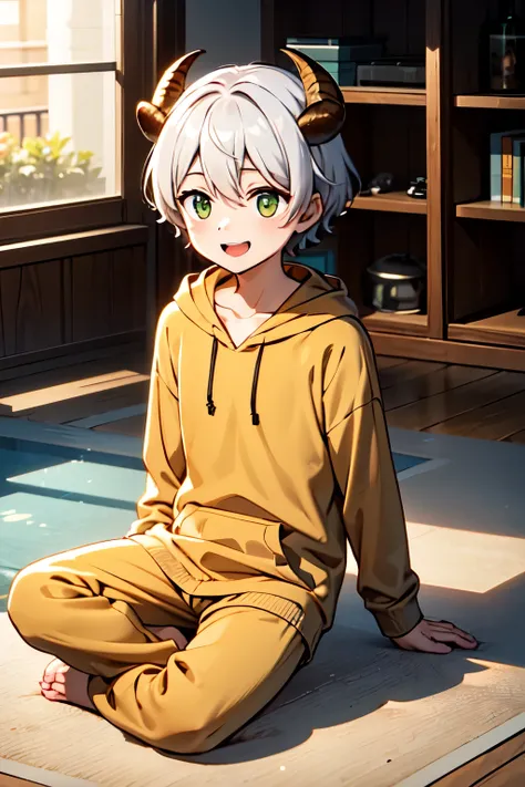 1 male,youth、 alone,cute、cute、Broad shoulders, white hair, habitual hair、short hair, bangs, Goat horns, green eyes, brown hoodie、Playing the loungewear game、indoor、boy、short hair、curly hair、laughing