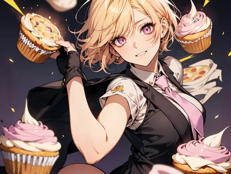 1 female, teacher, wearing a black suit, light purple tie, bootyshorts, Thicc, yellow hair, short hair, light pink eyes, face to detail, detailed eyes, the background is a pizzeria, happy, Holding a pink cupcake