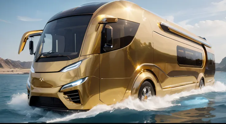 a close up of a gold bus driving through the water, trending on vehicle design, closeup shot, futuristic chrome vehicle, transportation design render, vehicle concept photo!!, new vehicle, gold body, elegant gold body, very futuristic, futuristic vehicle, ...