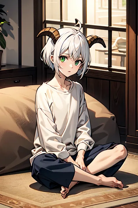 1 male, alone,cute white hair, pixie cut, bangs, goat horns, green eyes, brown parker、lounge wear、play the game、indoor、adult、ani...