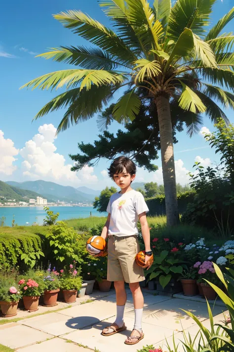 boy playing ball in the garden, alta calidad, estilo Sorolla, al fondo hay una palmera