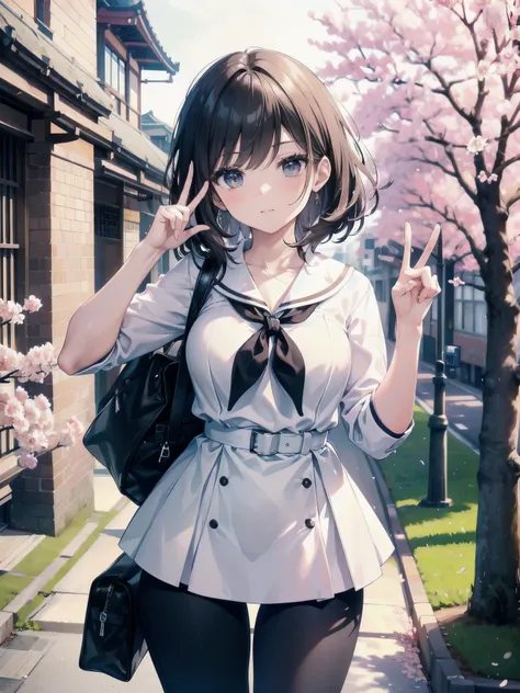 A 28-year-old female teacher wearing a white peplum and black skinny jeans、A peace sign in front of a cherry blossom tree and a brick school building reminiscent of Tokyo Station