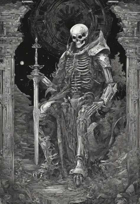 there is a skeleton time traveler that is sitting in a forest, movie still of a alien cyborg, endoskeleton, gigers biomechanical xenomorph, terminator skeleton, noriyoshi ohrai masterpiece, stan winston, by Noriyoshi Ohrai, stephen youll, cyber skeleton, p...