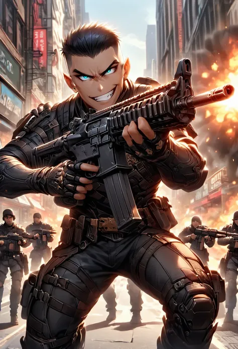 mercenary, male, male focus, muscular, black hair, aquamarine eyes, crew cut, maniacal laugh, v-shaped eyebrow, evil smile, clenched teeth, ammunition belt, grenades, drop-down pistol holster on the right hip, holstered pistol on the right hip, (holding an...