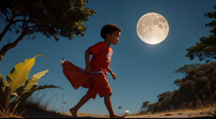 um menino com roupas indianas, roupas cor vermelha, cor de pele preta, menino negro, indigenous boy, pulando arbustos  no meio d...