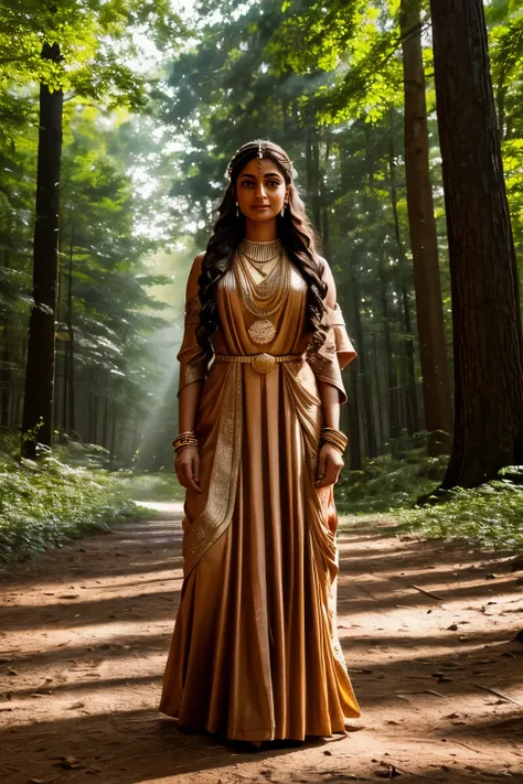 Indian goddess with tall stature, radiant and majestic, compared to a short girl standing beside her. The goddesss dark curly hair cascaded down her shoulders, framing her beautiful, rounded face. Her traditional attire, adorned with intricate golden jewel...