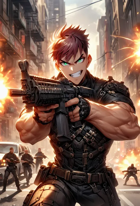 mercenary, male, male focus, muscular, auburn hair, green eyes, crew cut, maniacal laugh, v-shaped eyebrow, evil smile, clenched teeth, ammunition belt, grenades, drop-down pistol holster on the right hip, holstered pistol on the right hip, (holding an ass...