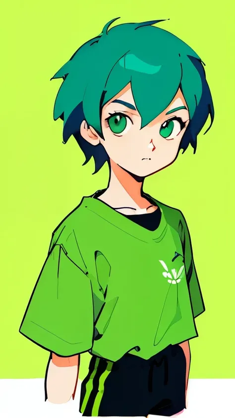 cartoon boy wearing a green shirt and black shorts, Digital Character illustration, 2 d illustration, 2D illustration, digital 2D illustration, Digital Character, digital anime illustration, Video game avatar, Video game character, # digital 2 d, full-leng...