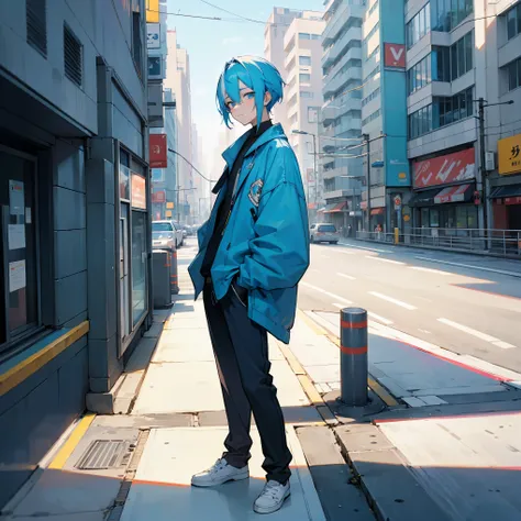 1male , Two Tone Hair , White and Blue Hair , Casual Clothing , Standing on sidewalk , Modern City Background , Chill Expression 