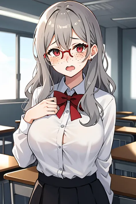 One girl, long wavy hair, grey hair, red eyes,shining eyes, glasses , big breasts, (freckles), (embarrased, open mouth), (big blush), white shirt, black skirt ,standing, pov from front, classroom,shining body, hands behind back