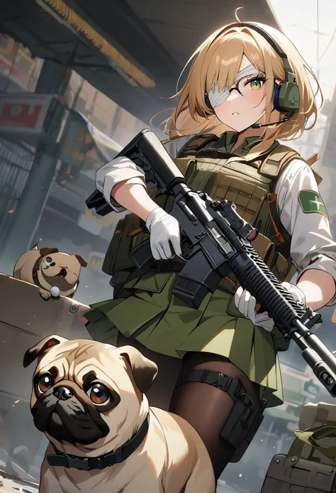 1girl, best quality, uniform, microphone, assault rifle, thigh holster, military uniform, weapon, skirt, glasses, gloves, animal, pug, krag jorgensen, m1911, dog, first aid kit, pantyhose, snake, long sleeves, fn fal, green skirt, military, m60, rifle, ban...