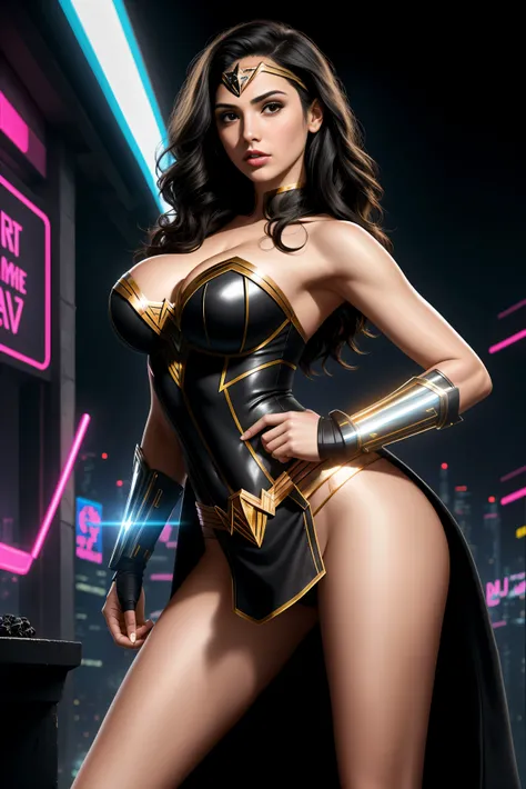 there  IS GAL GADOT AS WONDER WOMAN standing, long hair, 3 d neon art of a womans body, neon-noir background, cyberpunk femme fatale, seductive cyberpunk dark fantasy, cyberpunk strip clubs, cyberpunk 20 y. o model girl, oppai cyberpunk, banner, high defin...