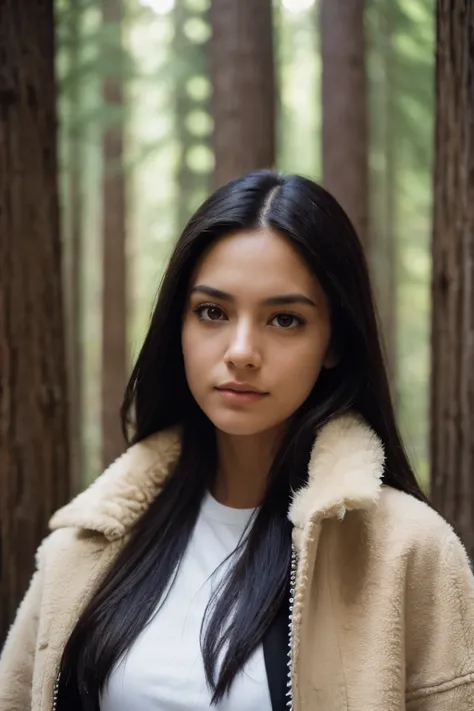 Photograph of a woman, (sympathetic facial expression), ultra textured skin, goosebumps, black hair half up half down, fur lined jacket with skinny jeans and beanies, group profile, towering ancient redwood trees create a sense of wonder and awe, perfect e...