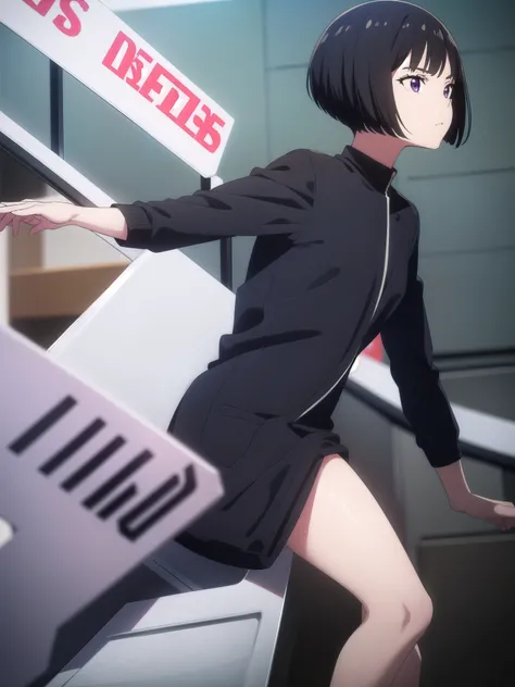 1girl, solo, exposed back, black hair, bob hair, short hair, short bob hair, bob cut, haircut, undercut, bobbed hair, minibob, buzz hair cut, sidecut, purple eyes, Shave his hair, Short ear hair, (side of head shaved)