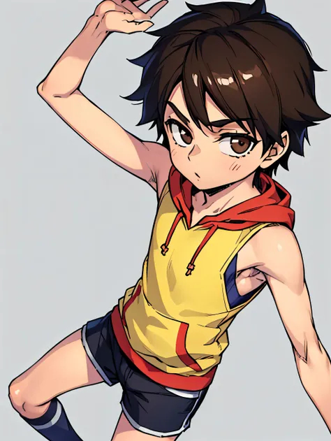 highres,Masterpiece， Best quality at best,Best Quality,hight quality, hight detailed, realistic, photorealistic, Anime style, 1boy, Little Boy, Simple beckground, (Showing armpit:1.2), Cheerful boy, Hansome boy, Sleeveless hoodie, Shorts, boy focus