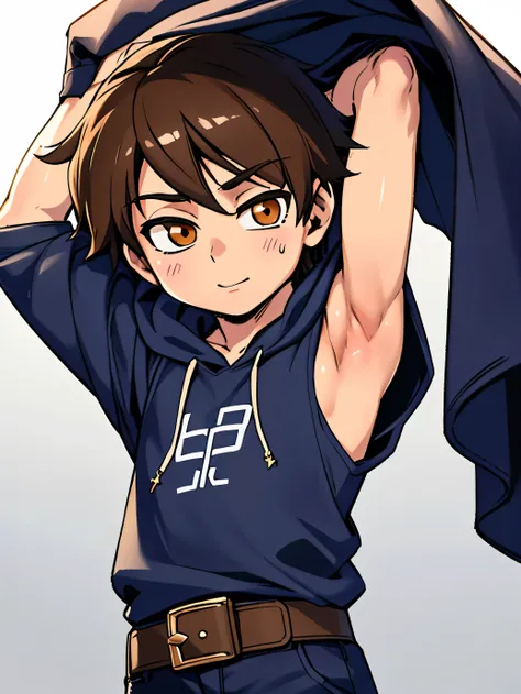 highres,Masterpiece， Best quality at best,Best Quality,hight quality, hight detailed, realistic, Anime style, 1boy, Little Boy, Simple beckground, (Showing armpit:1.2), Cheerful boy, Hansome boy, Sleeveless hoodie, Belt, boy focus, Uhd, 4k