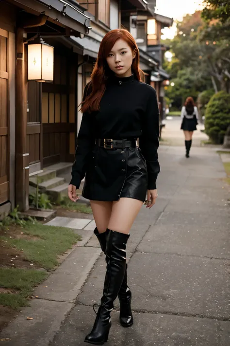 Sexy redhead nude japanese girl in a Girls world only walking exploration wearing only Black over-the-knee high-heeled boots and a dog collar.