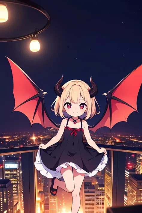 (masterpiece, best quality:1.5), (highres, ultra detailed, unity 8k wallpaper, shiny hair, kawaii, 1girl, solo, chibi, (floating, very young child:1.1), medium hair, red eyes, small corner, demon wings, demon tail, dress, navel, evil smiling, at night, in ...