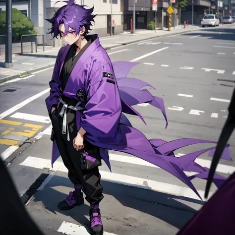 1male , Black Combat Clothing , Japanese , Purple Hair , Messy Hair , Earring , Streetwear , Standing on sidewalk