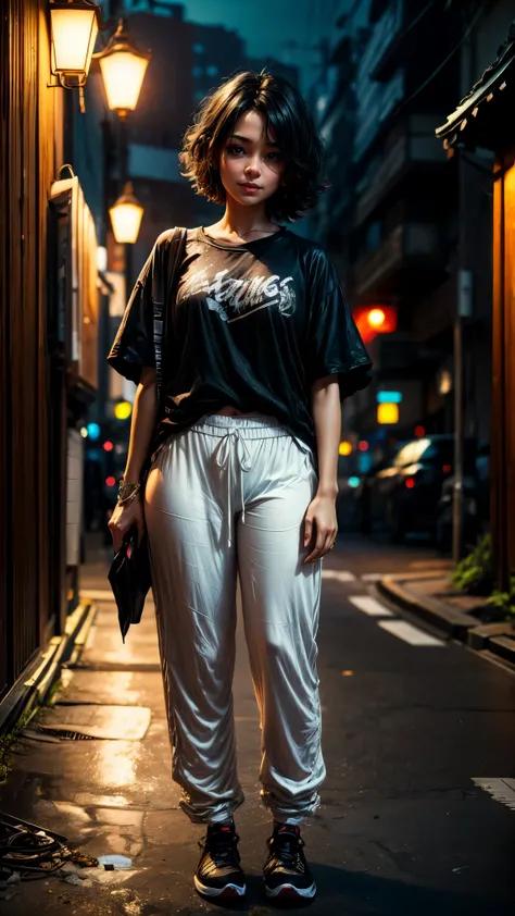 1girl, solo ,masterpiece, best_quality, photoshoot, looking at camera, young adult , happy expression, (porcelain skin), brown eyes, (black hair), (messy hair), black tshirt, black sweatpants, white skin, night, japan city background, leaning, full body, d...