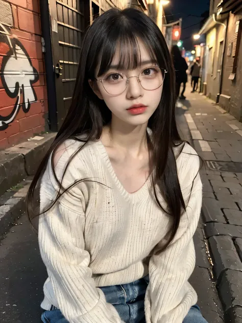 raw photo, 8k, (top-quality), Realistic, (real picture, Intricate details), (natural skin texture, detailed skin, hyper realism, sharpness), (glasses Japanese teenage girl sitting in a dirty back alley at night, graffitied wall:1.3), ((white hand-knitted l...