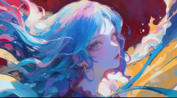 (high quality, vivid colors, high resolution), fragile girl,soft pink eyes,long eyelashes,beautiful detailed lips,standing against a vibrant red background,with light blue hair,wearing yellow clothing, in an illustration style.