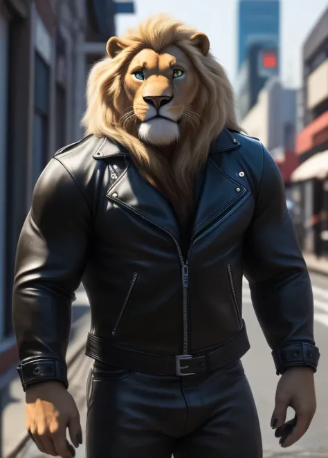 Lion, male, adult, long blond mane, brown beard along the jaw, green eyes, detailed eyes, detailed face, very muscular body, large pectorals, large biceps, broad shoulders, biker, biker clothing, open jacket,  tight pants, on a motorcycle, in the backgroun...