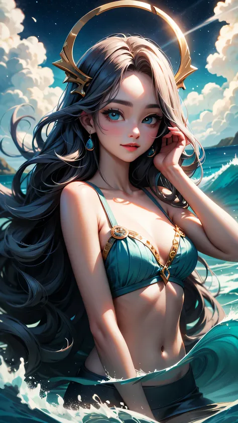 Masterpiece, Best Quality, Azure Ocean Hair Color, Serene and Majestic, Flowing Waves with Seashell Ornaments, Aquamarine Eye Color, Tranquil, 1 Goddess, Amphitrite, Tipping Head, Oceanic Gaze, Benevolent Smile, Marine Realm, Celestial Trident, Greek Mytho...