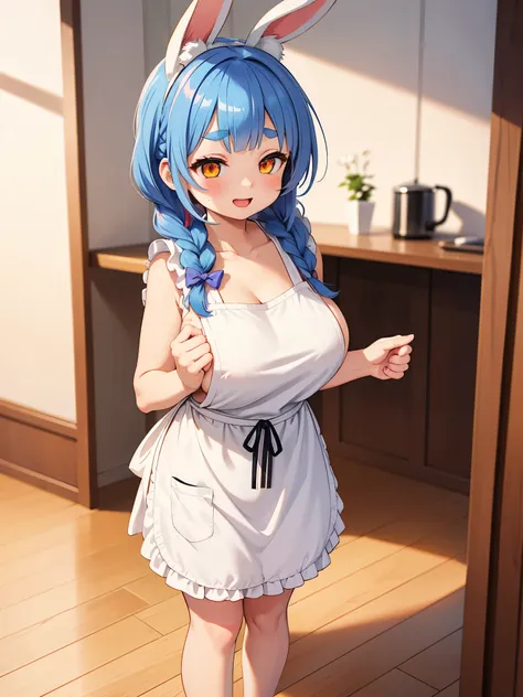 1girl,animal ear fluff,animal ears,apartment,apron,blue hair,blurry,blurry background,blush,bow,braid,braided ponytail,breasts,c...