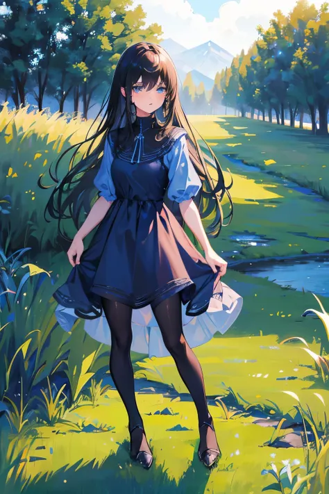 1girl, Black straight long hair, blue eyes, (Detailed face), Full body, ((intense Blue dress)), medieval, (Grasslands bakcground), masterpiece, black pants, (cute face), blush, nervous face, standing