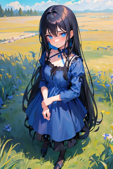 1girl, Black straight long hair, blue eyes, (Detailed face), Full body, ((intense Blue dress)), medieval, (Grasslands bakcground), masterpiece, black pants, (cute face), (blush), nervous eexpresion, standing