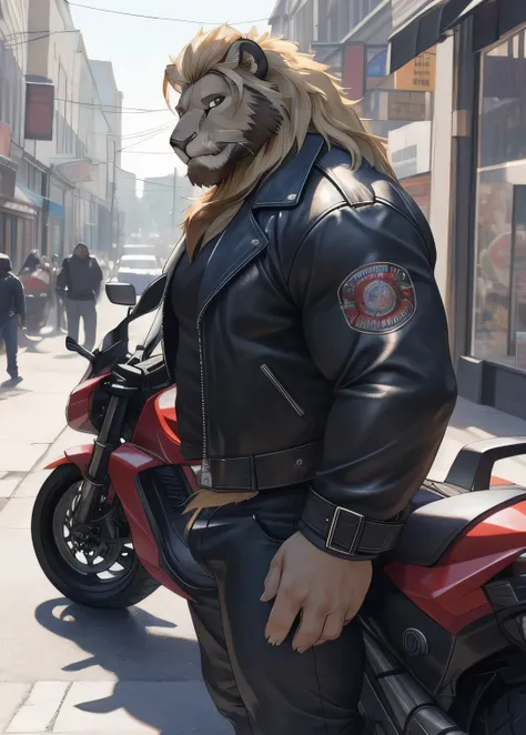 Lion, male, adult, long blond mane, brown beard along the jaw, green eyes, detailed eyes, detailed face, very muscular body, large pectorals, large biceps, broad shoulders, biker, biker clothing, open jacket, tight pants, on a motorcycle, in the background...