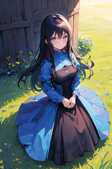 1girl, Black straight long hair, blue eyes, (Detailed face), Full body, ((intense Blue dress)), medieval, (Grasslands bakcground), masterpiece, black pants, (cute face), (blush), nervous expresion, standing