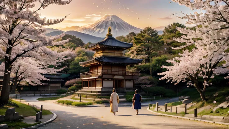 Beautiful sunrise Japanese scenery with Temple of Golden Pavilion, (((sunrise))), golden light, Mount Fuji in background, cherry blossom trees and flowers, people walking around in traditional attire, petals falling from tree, ((golden light)), photorealis...