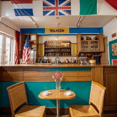 Cafe with many animated colors with tourism theme, travel-themed furniture with country flags and representations of some countries 