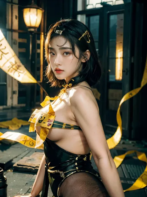 RAW, masterpiece, super fine photo, best quality, super high resolution, realistic, sunlight, a beautiful woman with yellow rune paper on her face, many yellow Taoist rune paper pasted on her body, worn cheongsam, female zombie, Hong Kong Lin Zhengying zom...