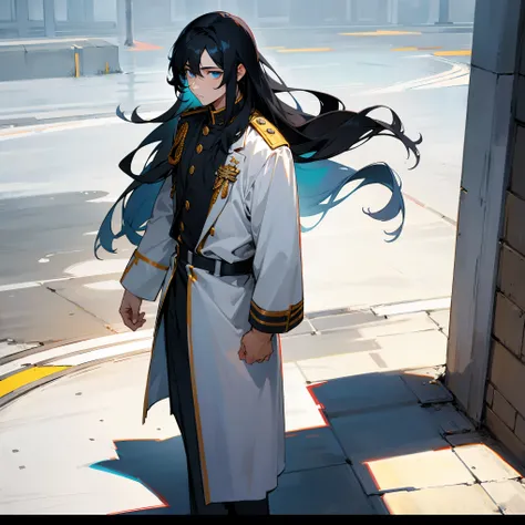 1male , long Hair , Black hair , Blue Eyes , Standing on sidewalk , White Military Officer clothing 